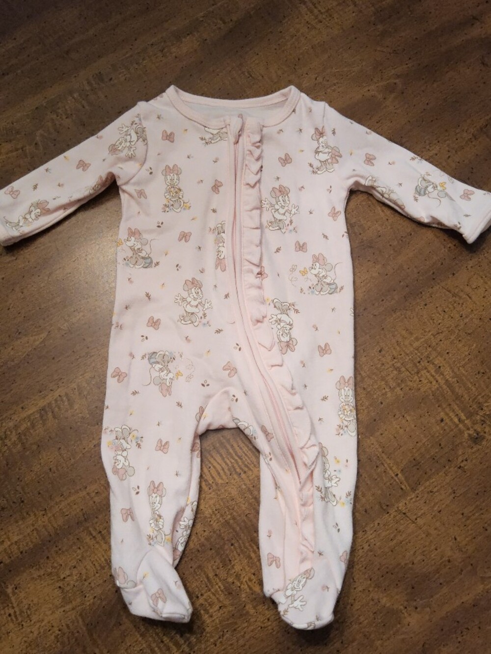 Disney Baby Minnie Mouse Pink Baby One-Piece Footed Pajamas with Ruffle Zip NWOT